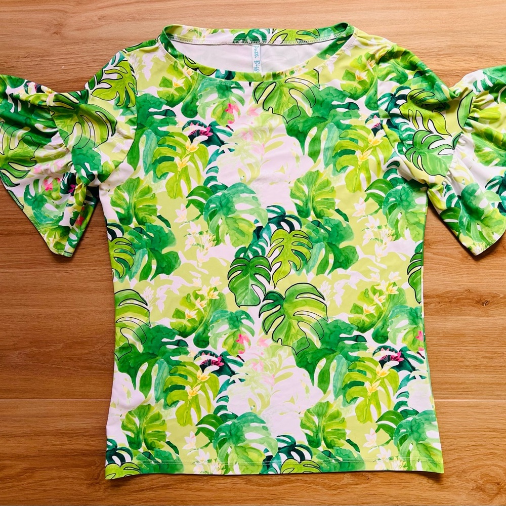 Patti Biggs UPF 50 Tropical Palm Leaf Flutter Sleeve Resort Top Palm Beach S